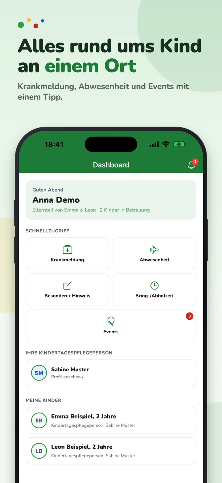 Lebenswerk-App: Startseite für Eltern